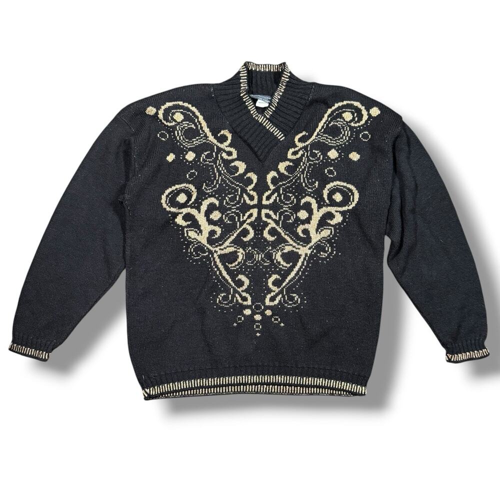 Vintage Mademoiselle Sweater Black Gold Metallic Baroque Women's L Retro‎ 80s